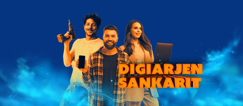 Digiarjen sankarit esitettynä kolmen henkilön voimin työkalut käsissään.