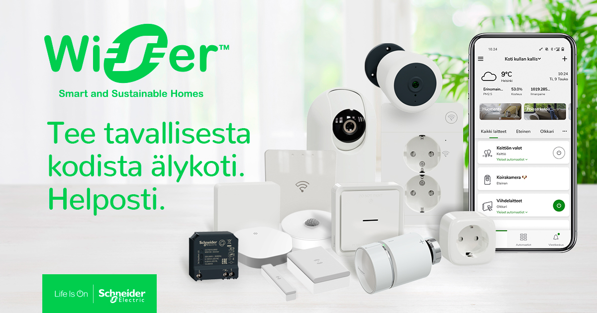Wiser ja teksti valkoisella pohjalla Tee tavallisesta kodista älykoti helposti.